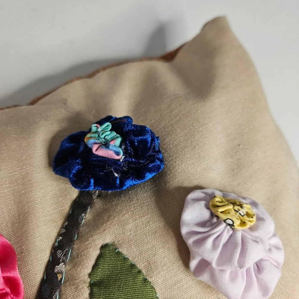 Vtg Handmade Floral Applique Throw‎ Pillow 3D Velvet Satin Flowers Cottagecore